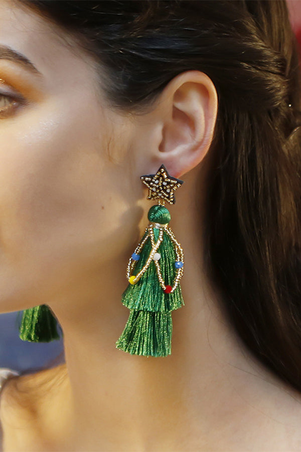 Bohemian Lightweight Christmas Tree Tassel Beaded Earrings