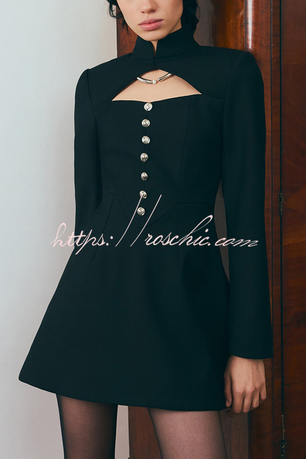 Elegant Long-sleeved Hollowed-out Button-down Slim-fit Mini Dress