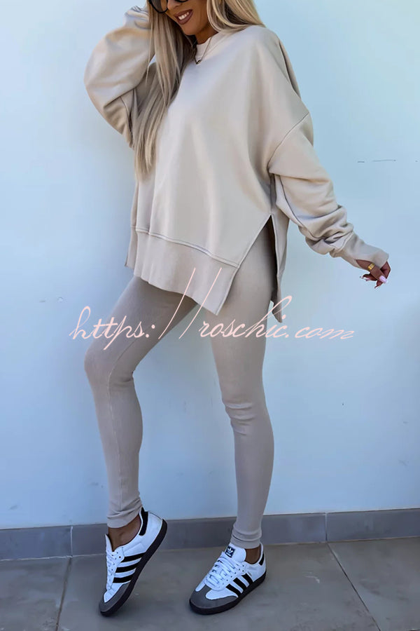 Solid Color Loose Long Sleeve SlitSweatshirt and Elastic Waist Tight Pants Set