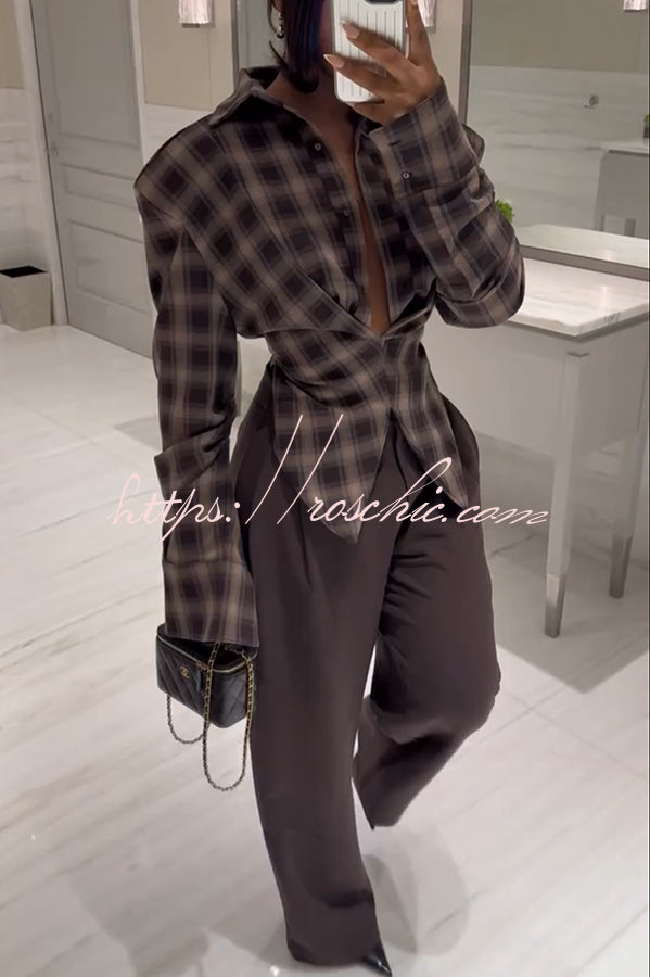 Vintage Plaid Shoulder Pad Buttons Long Sleeve Angled Hem Shirt