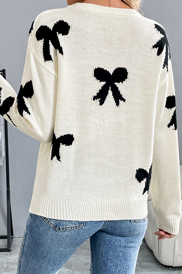 Christmas Contrast Bow Round Neck Long Sleeve Loose Knitted Sweater