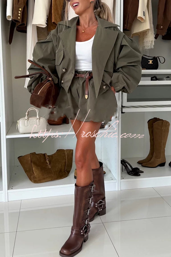 Fashion Style Button Long Balloon Sleeve Pocket Lapel Casual Bomber Jacket (Shipped Within 24 Hours)