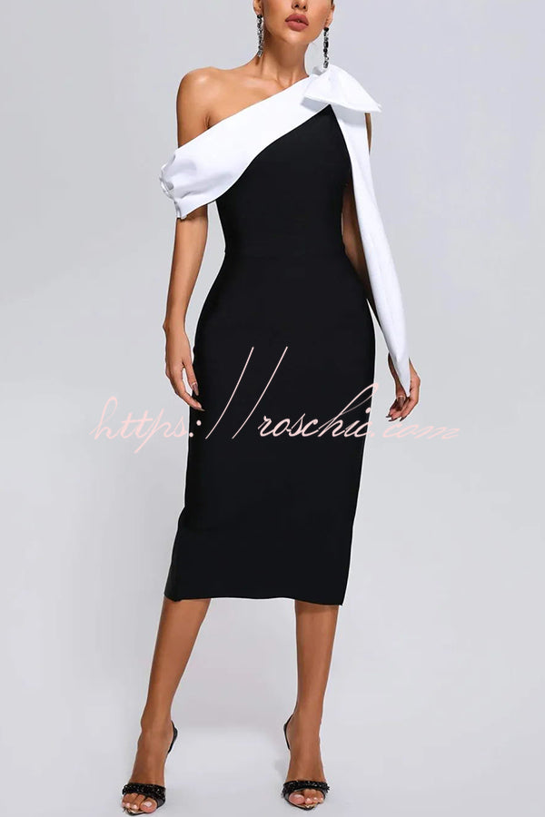 Elegant Evening Look One Shoulder Bandage Bow Stretch Midi Dress