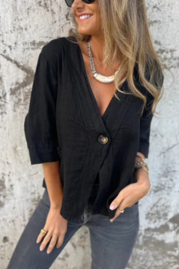 Linen Blend Solid Color Loose V-neck Button-down Casual Top