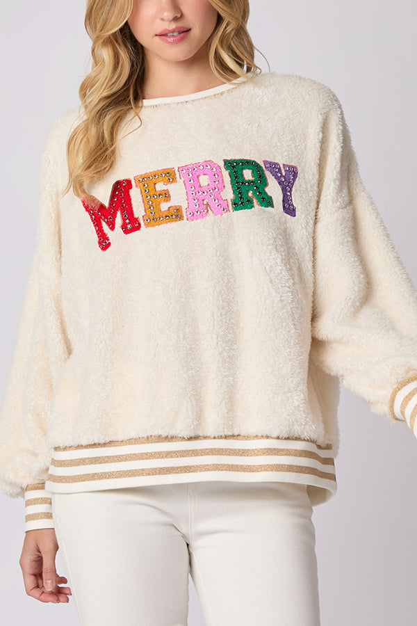 Christmas Lettered Rhinestone Long-sleeved Crew Neck Sweatshirt