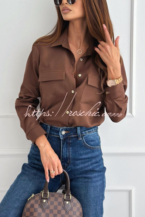 Solid Color Button Pocket Long Sleeve Casual Shirt