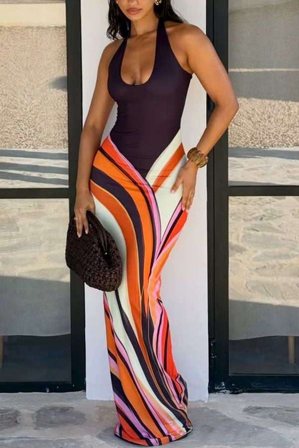 halter summer maxi dress Summer Newness Colorblock Swirl Print Halter Neck Stretch Maxi Dress – roschic