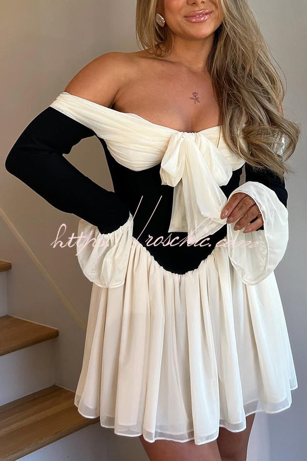 Dreamy Off Shoulder Color Block Bow Long Sleeve Mini Dress