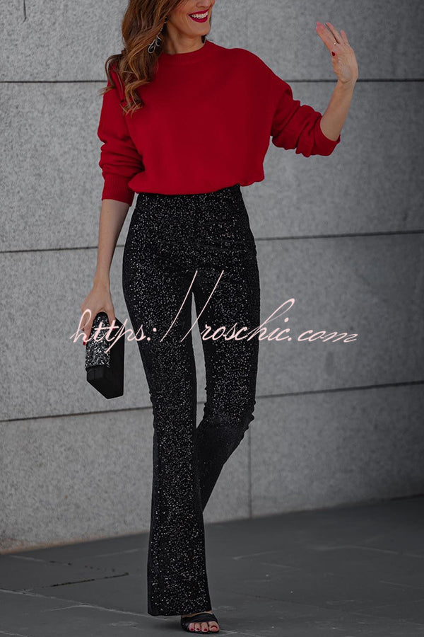 Diva Sequin High Rise Elastic Waist Flare Pants