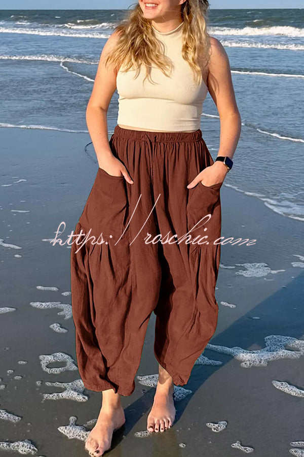 Diani Linen Blend Drawstring Waist Pocketed Loose Pants