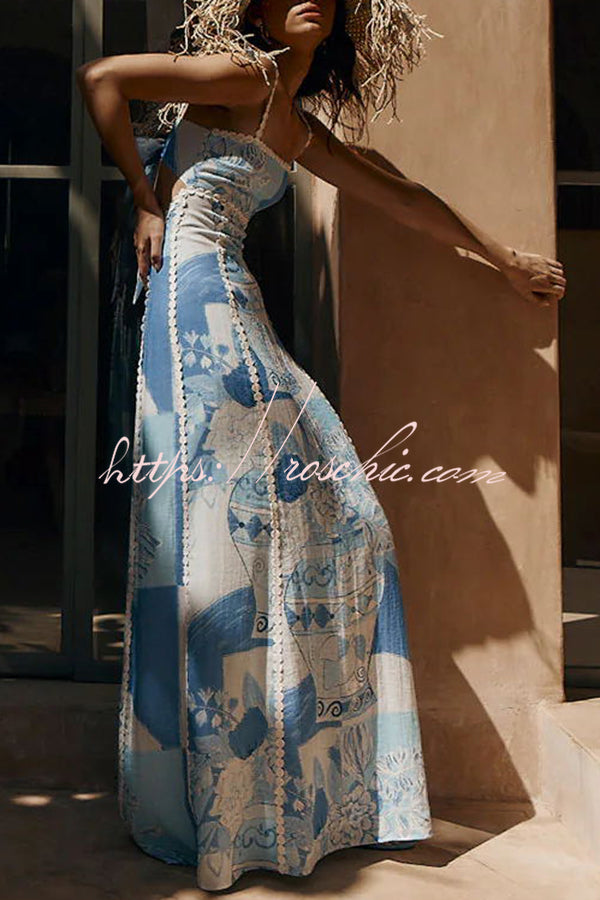 Terazza Ric Rac Linen Trims Unique Print Back Tie-up Slip Flared Linen Maxi Dress, Blue / 2XL Terazza Ric Rac Linen Trims Unique Print Back Tie-up Slip Flared Linen Maxi Dress, Blue / 2XL