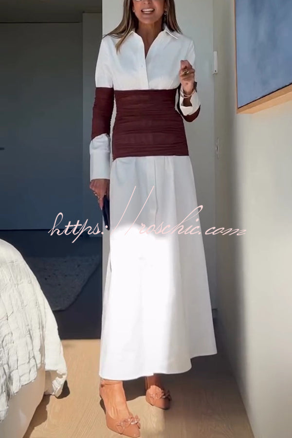 Fashionable Pleated Contrast Patchwork Waist Long Sleeve Button Shirt Maxi Dress