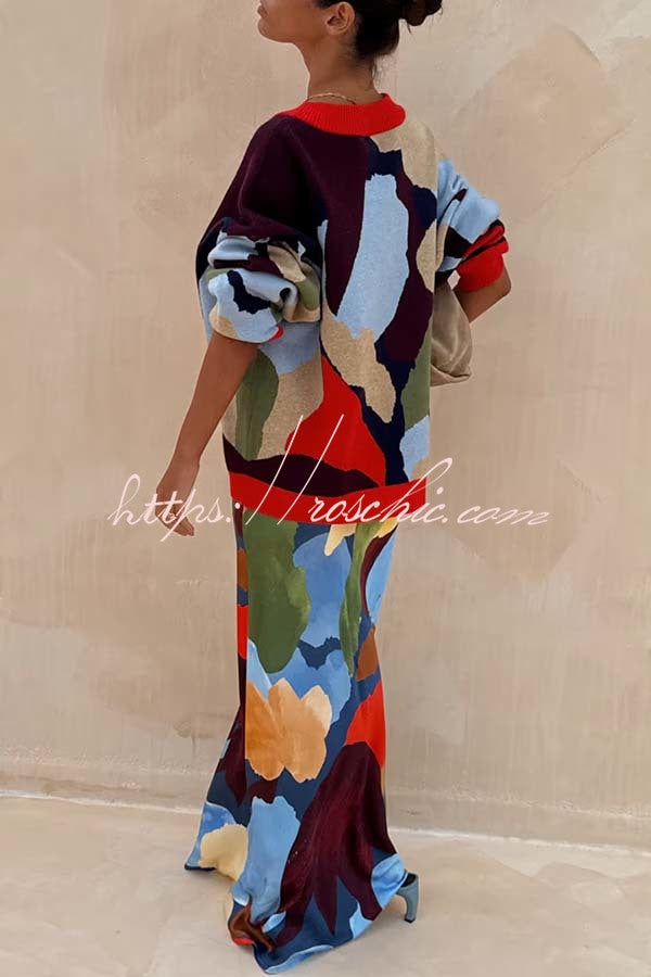 Bright and Bold Satin Abstract Color Blocks Print Elastic Waist Drape Maxi Skirt