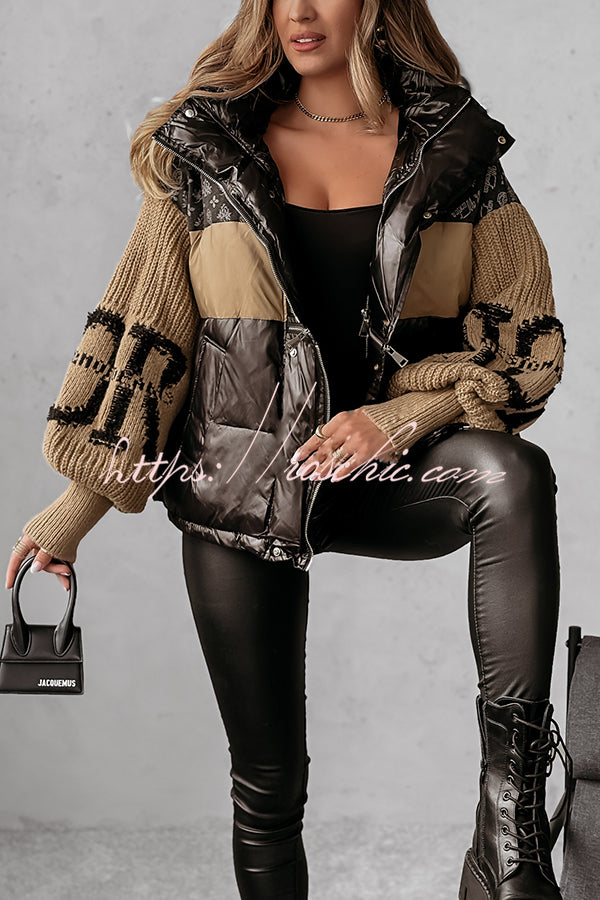 Stylish Denim Knit Long-sleeved Patchwork Hooded Pocket Thickened Jacket