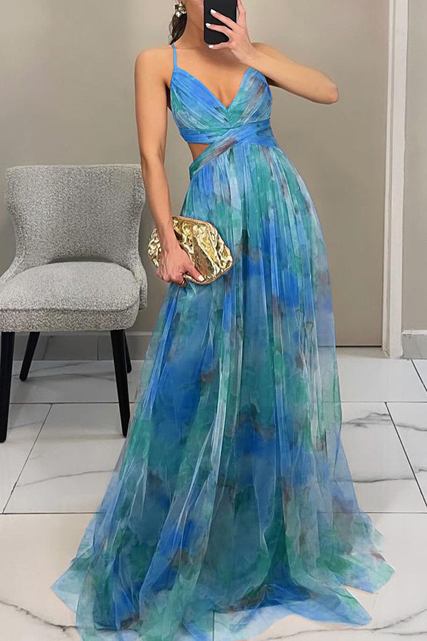 Giselle Tulle Render Floral Print Cutout Waist Back Lace-up Maxi Dress, Blue / M Giselle Tulle Render Floral Print Cutout Waist Back Lace-up Maxi Dress, Blue / M