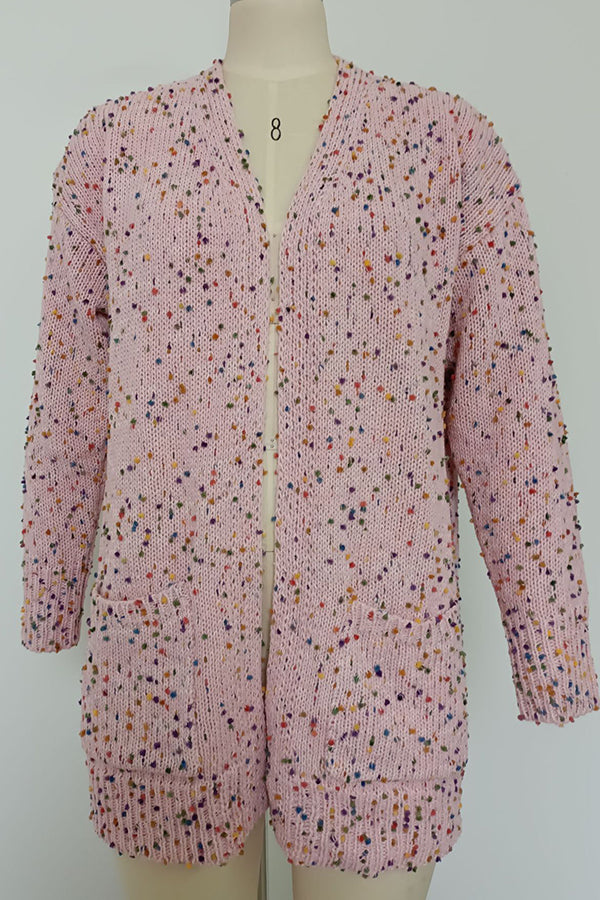 Aminga Colorful Spotted Pocket Crochet Long Sleeved Cardigan