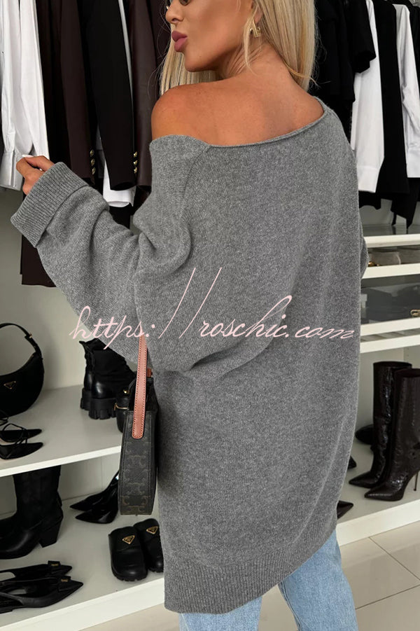 Cold Weather Knit Solid Color Long Sleeve V-neck Irregular Relaxed Sweater