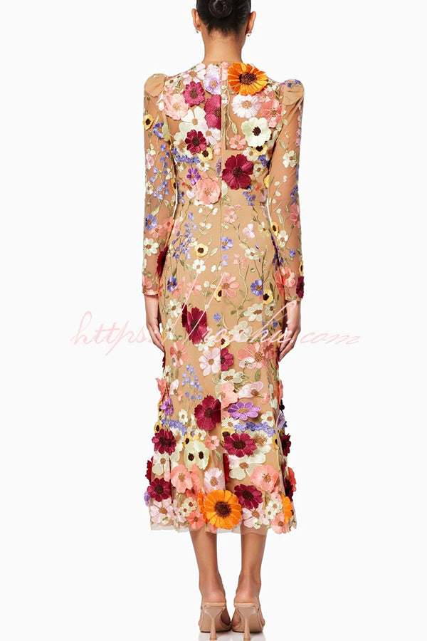 Dignified and Refined Charm Embroidered Floral Applique Long Sleeve Fish Tail Midi Dress