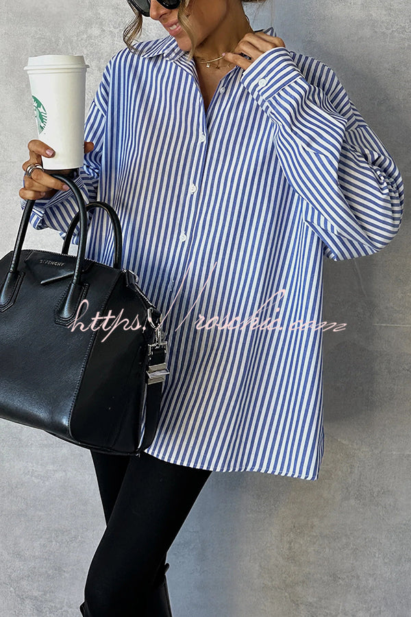 Fashionable Striped Printed Loose Long-sleeved Casual Shirt