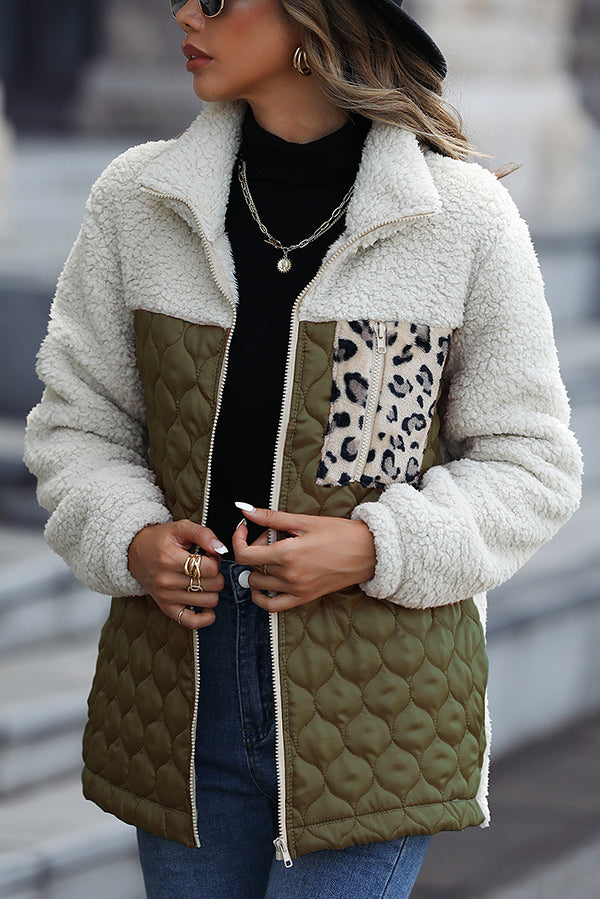 Casual Patchwork Plush Long Sleeve Leopard Print Pocket Loose Zipper Jacket