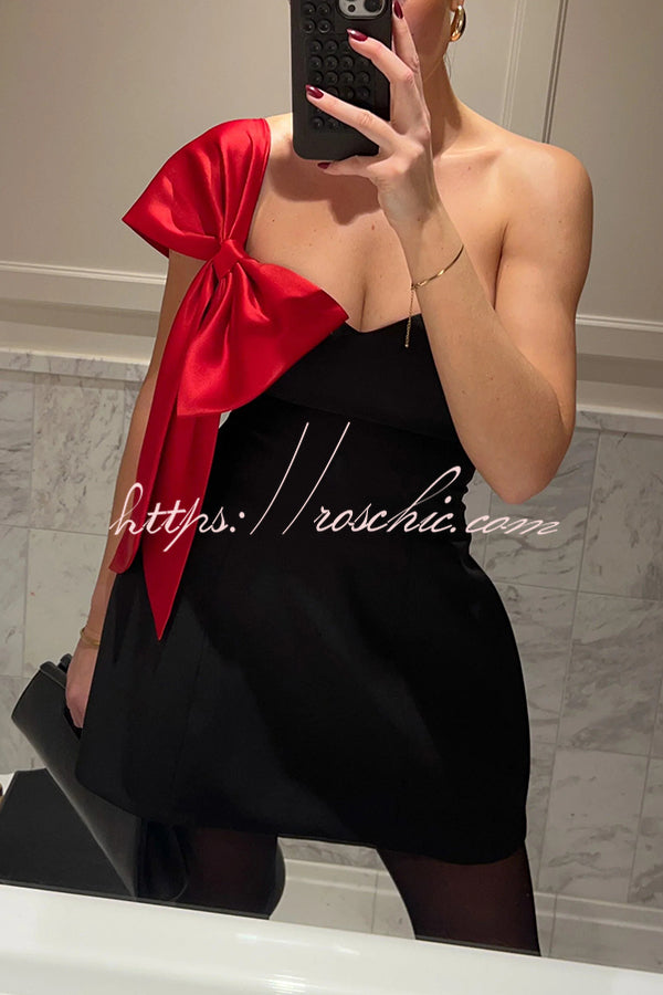 The Best Gift Satin Contrast Color Bow Detail Off Shoulder Mini Dress