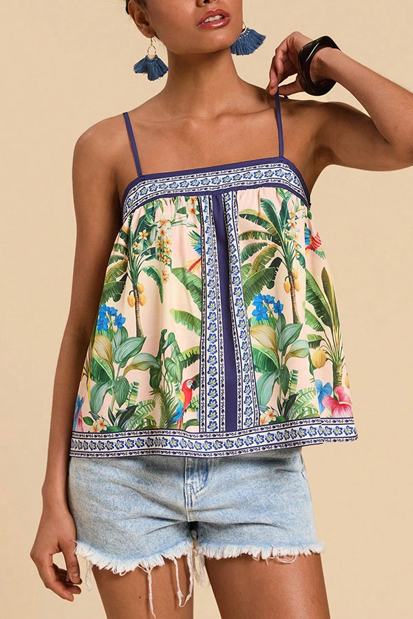 Tropical Print Casual Halter Backless Loose Top