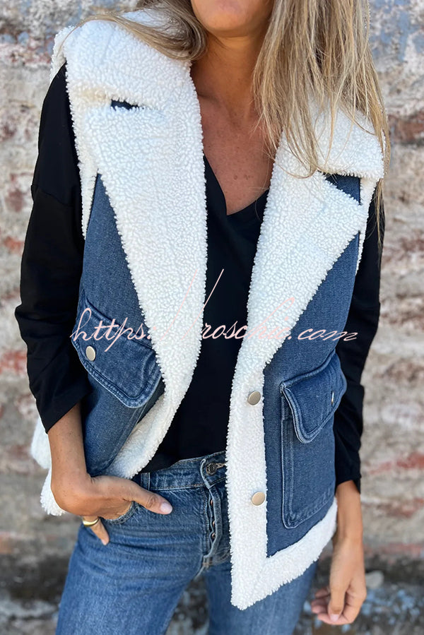 Autumn and Winter Motorcycle Faux Fur One-piece Denim Lapel Pocketed Vest Jacket