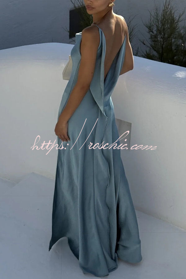 Flowing Elegance Satin Draped Neck Backless Ruffle Slit Maxi Dress