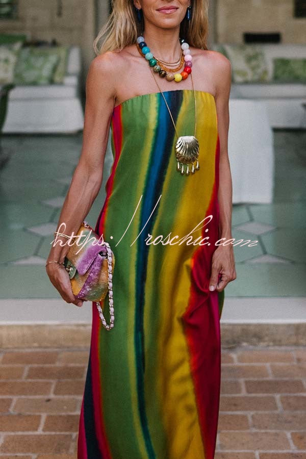 Artistic Rainbow Satin Watercolor Print Off Shoulder Pocketed H-line Maxi Dress