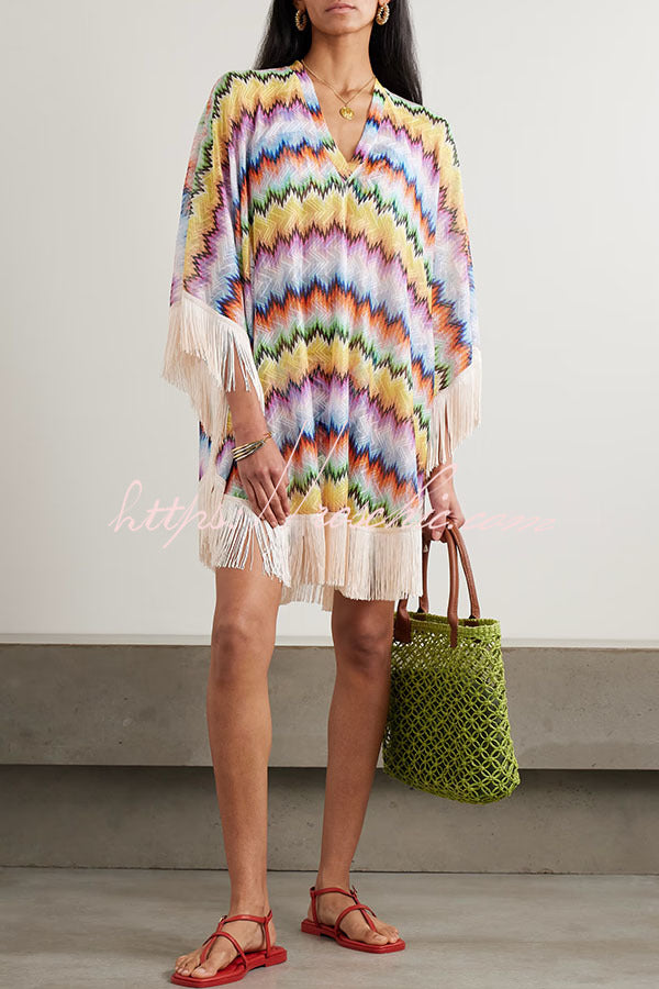 Jiya Knit Colorful Zigzag Pattern Tassle Trim Loose Kaftan Mini Dress roschic Jiya Knit Colorful Zigzag Pattern Tassle Trim Loose Kaftan Mini Dress roschic
