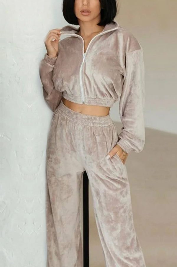 Solid Color Velvet Long-sleeved Zip-up Sweatshirt and Elastic Waist Casual Pocket Straight-leg Pants Set