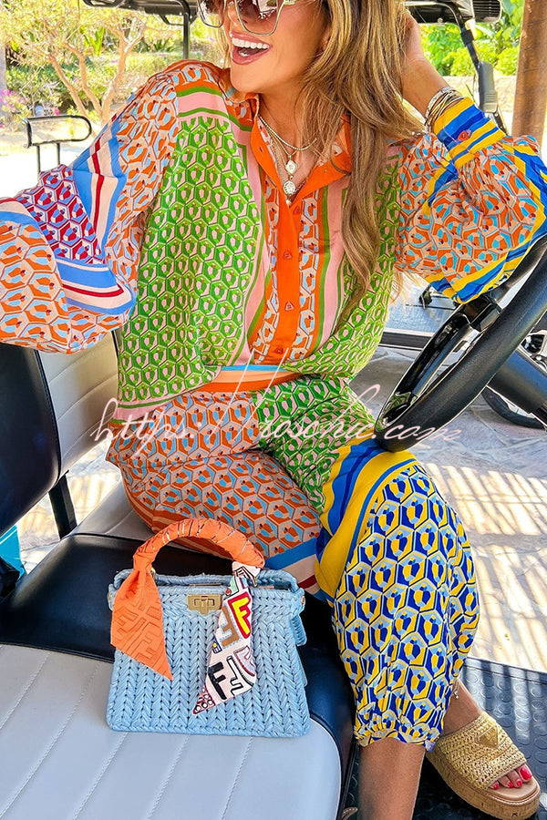 Brazil's Joyful Spirit Colorful Unique Print Balloon Sleeve Button Loose Shirt