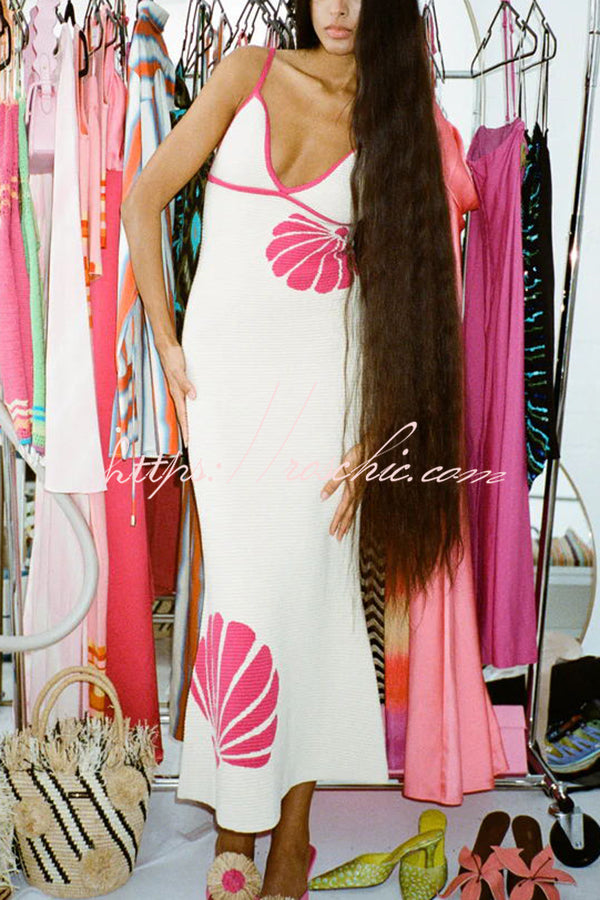 Mermaid Princess Knit Shell Pattern Fishtail Hem Halter Stretch Midi Dress