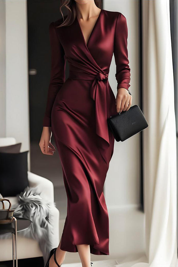 Solid Color Satin V-neck High Waist Tie Slim Midi Dress