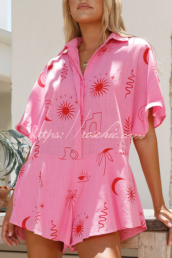 Sunshine Days Unique Print Button Loose Shirt Romper