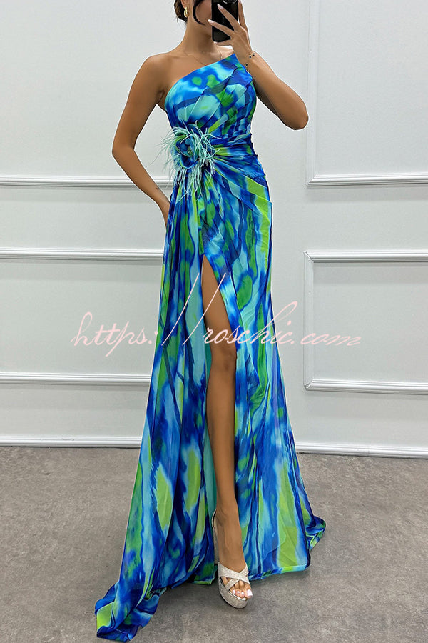 Amazing Views Watercolor Print Feather Rose Detail Off Shoulder Pleated Slit Maxi Dress