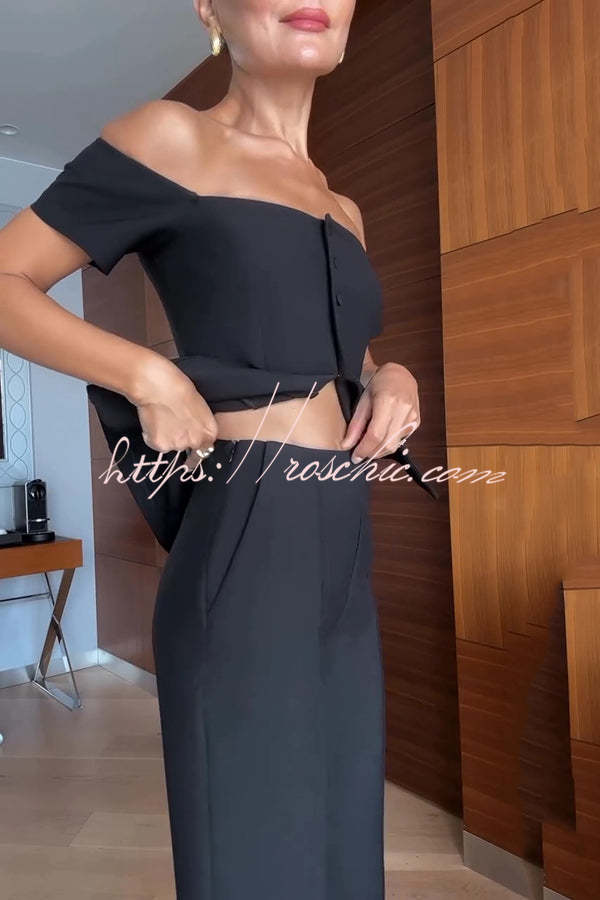 Solid Color Off-the-shoulder Single-breasted Top and Casual Pocket Straight-leg Pants Set