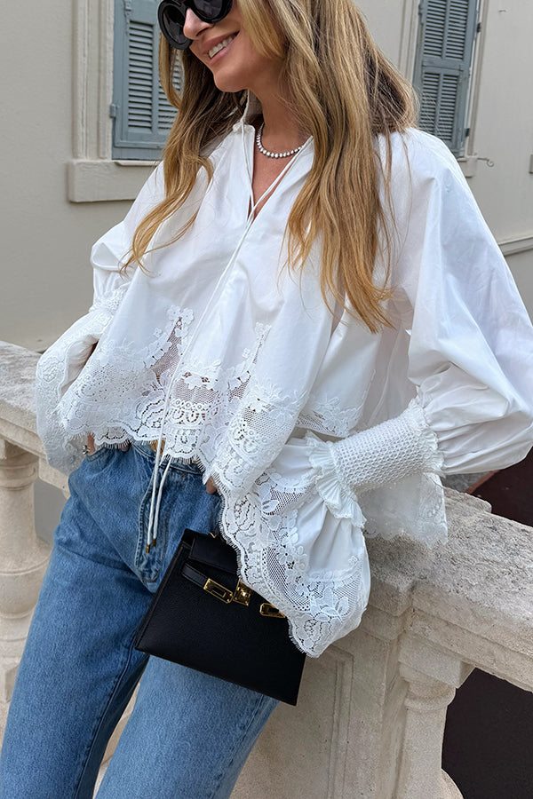 Court Style Lace Trim Stand Neck Balloon Sleeve Cape Blouse – roschic