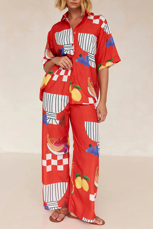 Unique Printed Casual Shirt and Elastic Waist Pants Set