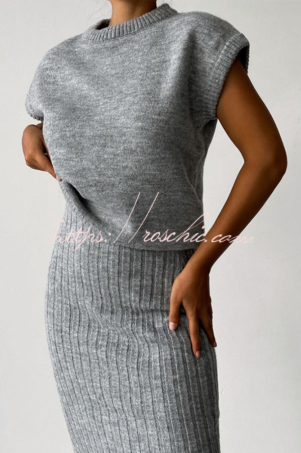 Triko Knit Short Sleeve Sweater and Stretch Ribbed Midi Skirt Set