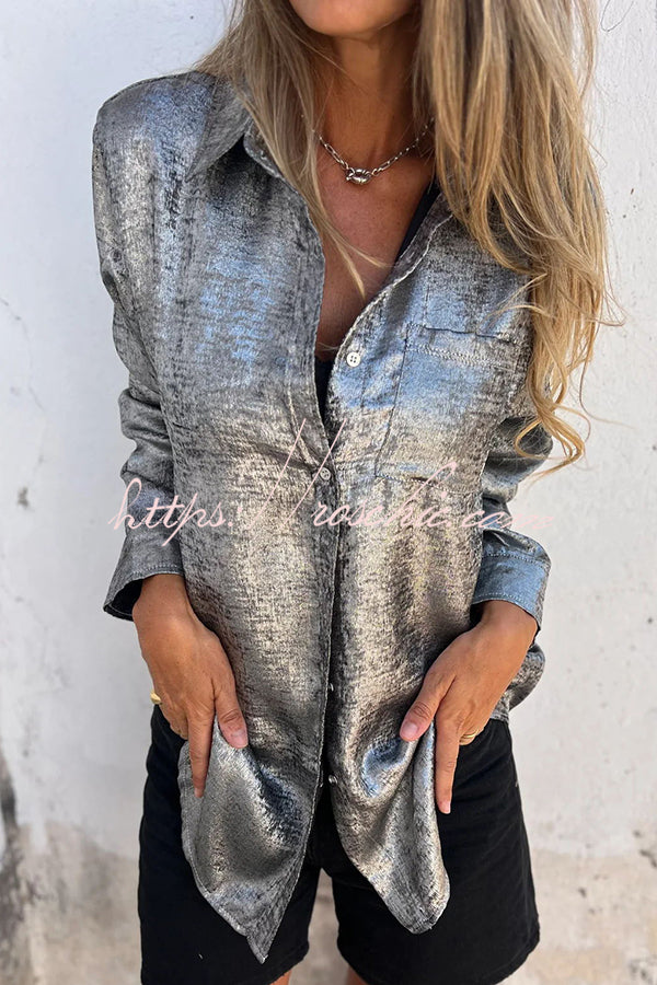 First and Fabulous Metallic Fabric Button Up Long Sleeve Loose Blouse