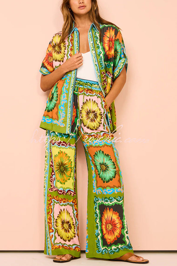 Disco Daisy Unique Printed Colorblock Elastic Waist Pocket Pants Set