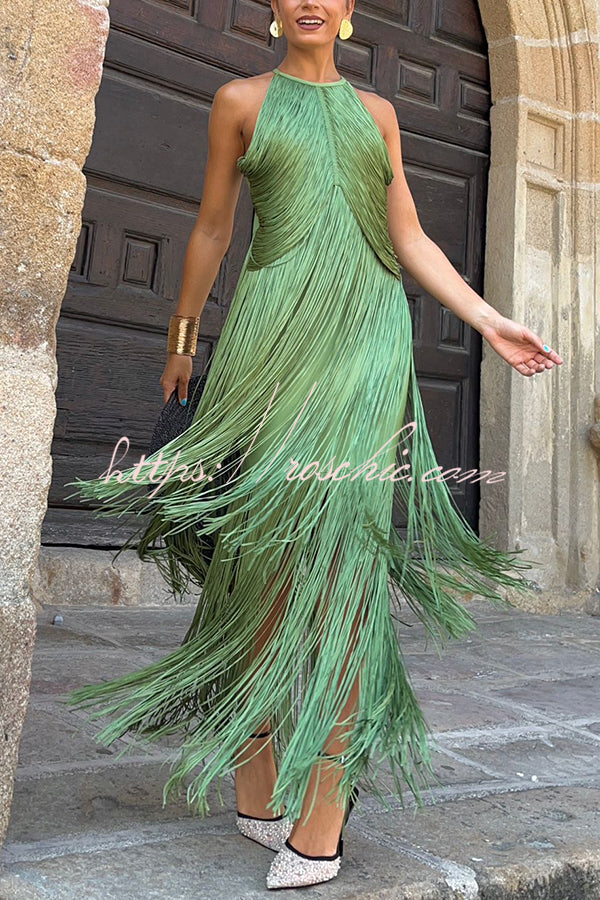 Fashion Sleeveless Halter Neck Elegant Tassel Slim Maxi Dress