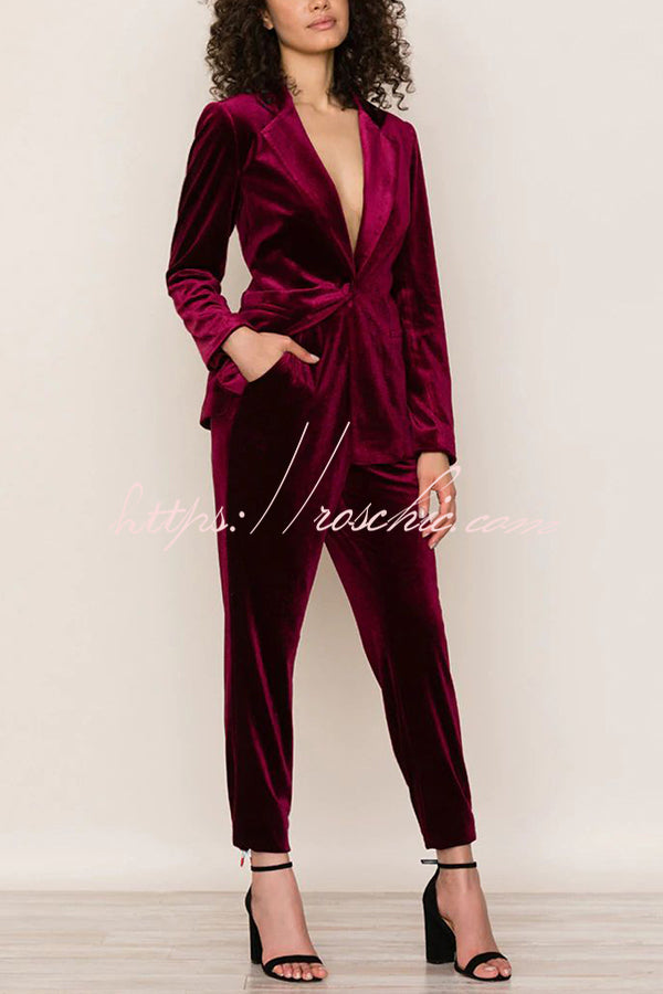 Solid Color Velvet Long-sleeve Blazer and Elastic Waist Pocket Pants Set