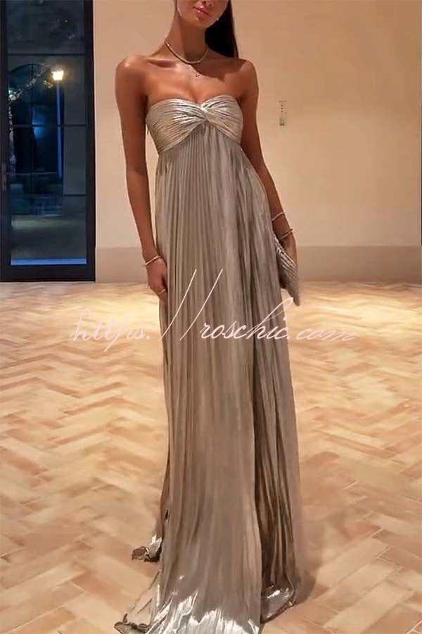 Night Elf Metallic Fabric Pleated Off Shoulder Twist Bust Slit Maxi Dress Night Elf Metallic Fabric Pleated Off Shoulder Twist Bust Slit Maxi Dress