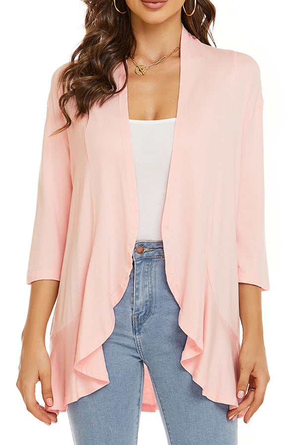Solid Color Casual Three-quarter Sleeve Ruffled Loose Cardigan