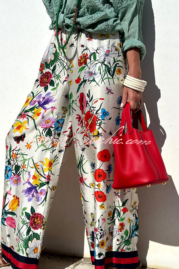 Fabulous Fiesta Satin Floral Unique Print Elastic Waist Pocketed Wide Leg Pants