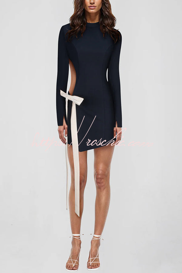Fashionable Long-sleeved Hollowed-out Bow Slim-fit Mini Dress
