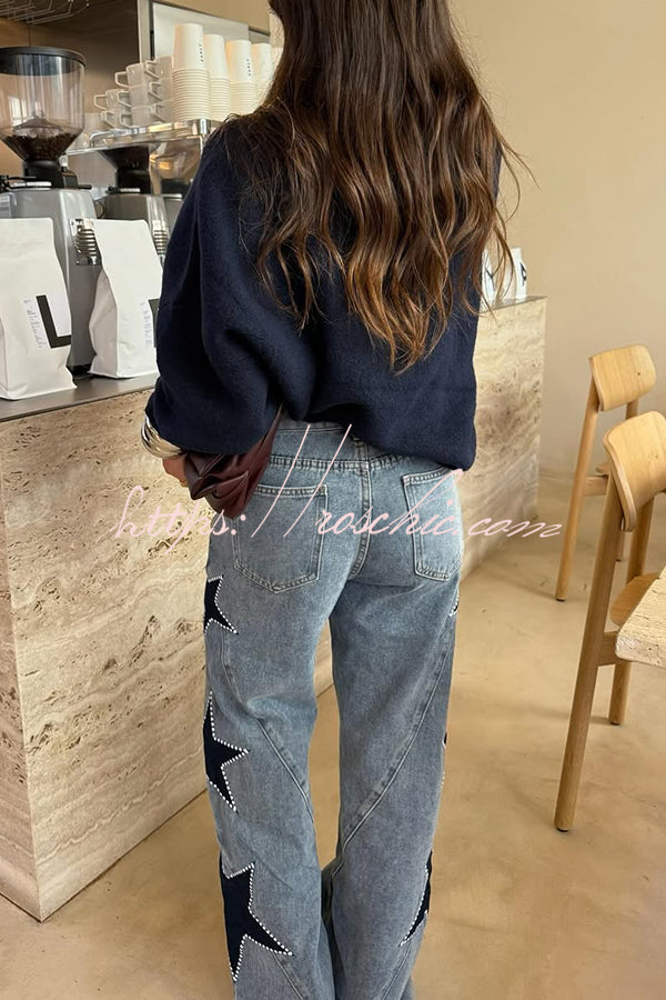 Jessy Denim Mid Rise Side Star Pattern Pocket Wide Leg Jeans (Shipped Within 24 Hours)