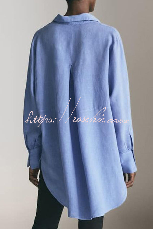 Reality Calling Linen Blend Solid Button Long Sleeve Loose Blouse